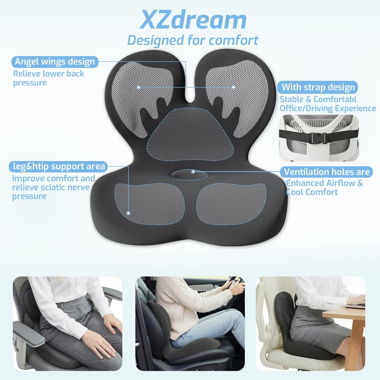 Ergonomic Seat Cushion,Memory Foam Office Chair Cushion with Lumbar Back Support, Design for Sciatica,Tailbone,Back Pain Relief for Office Chair, Car, Truck Driver,Comfort