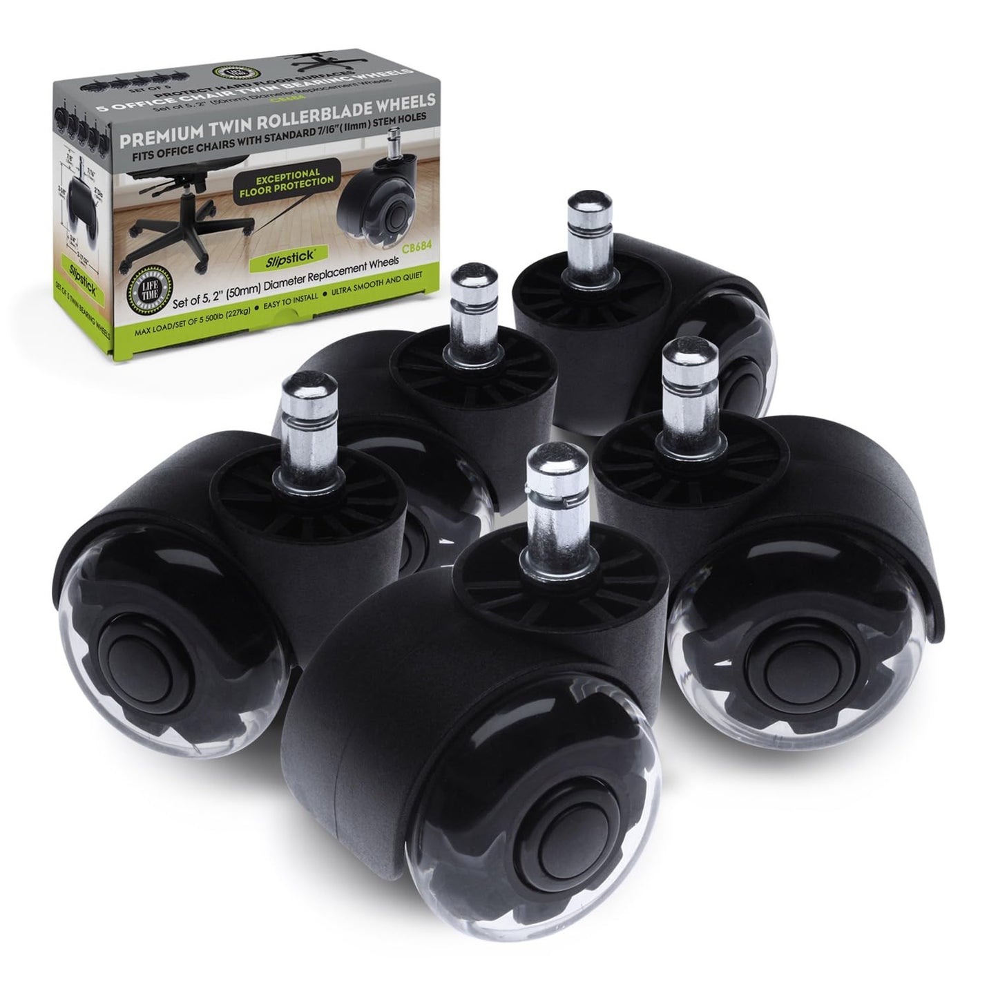 Slipstick Premium Rubber Office Chair Caster Wheels (Set of 5) Replacement Chair Wheels for All Floor Surfaces, Heavy Duty 50mm Twin Rollerblade Chair Casters with Standard Fit 11mm Stem