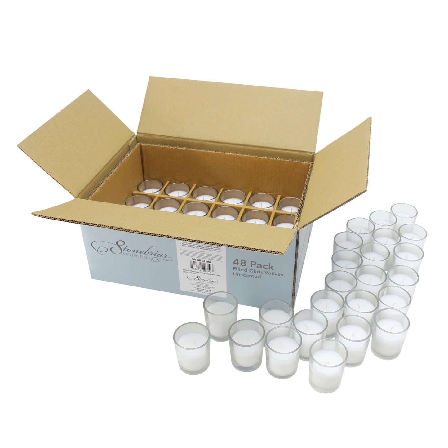 Stonebriar Unscented Votive Candles – 12 Hour Long Burning, Clear Glass Holders, Wax Filled, Bulk Set for Weddings, Events, Home Decor, Emergency Use, White, 48 Count