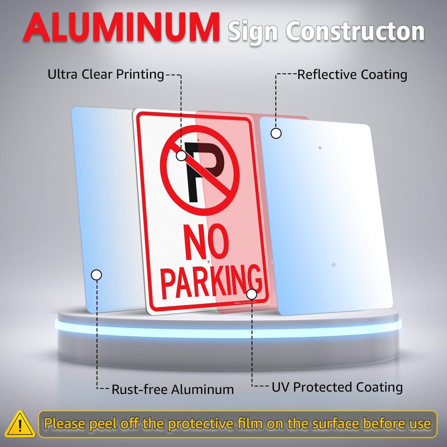 Faittoo No Parking Signs with 36" Stake for Outside, 4-Pack 14"x10" Rust Free Heavy Aluminum, Reflective, Fade Resistant, 2 pre-drilled holes, Includes Matching Screws & Wrench, Easy to Mount