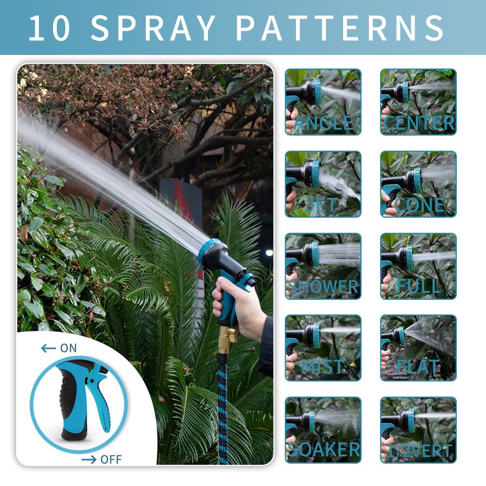 100ft Garden Hose with 10 Function Spray Nozzle, Expandable Garden Hose, 3/4" Easy Removal Solid Brass Connector, Flexible Water Hose, Extra Durable Material, Black&Blue by Luft