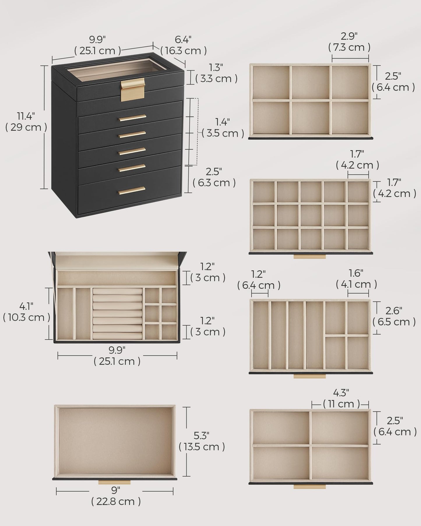 SONGMICS GISELLA Collection - Jewelry Box Organizer, 6-Layer Jewelry Storage with 5 Drawers, Shiny Metal Hardware, Glass Lid, Modern, 16.3 x 25.1 x 29 cm, Ink Black and Gold Color UJBC171B01