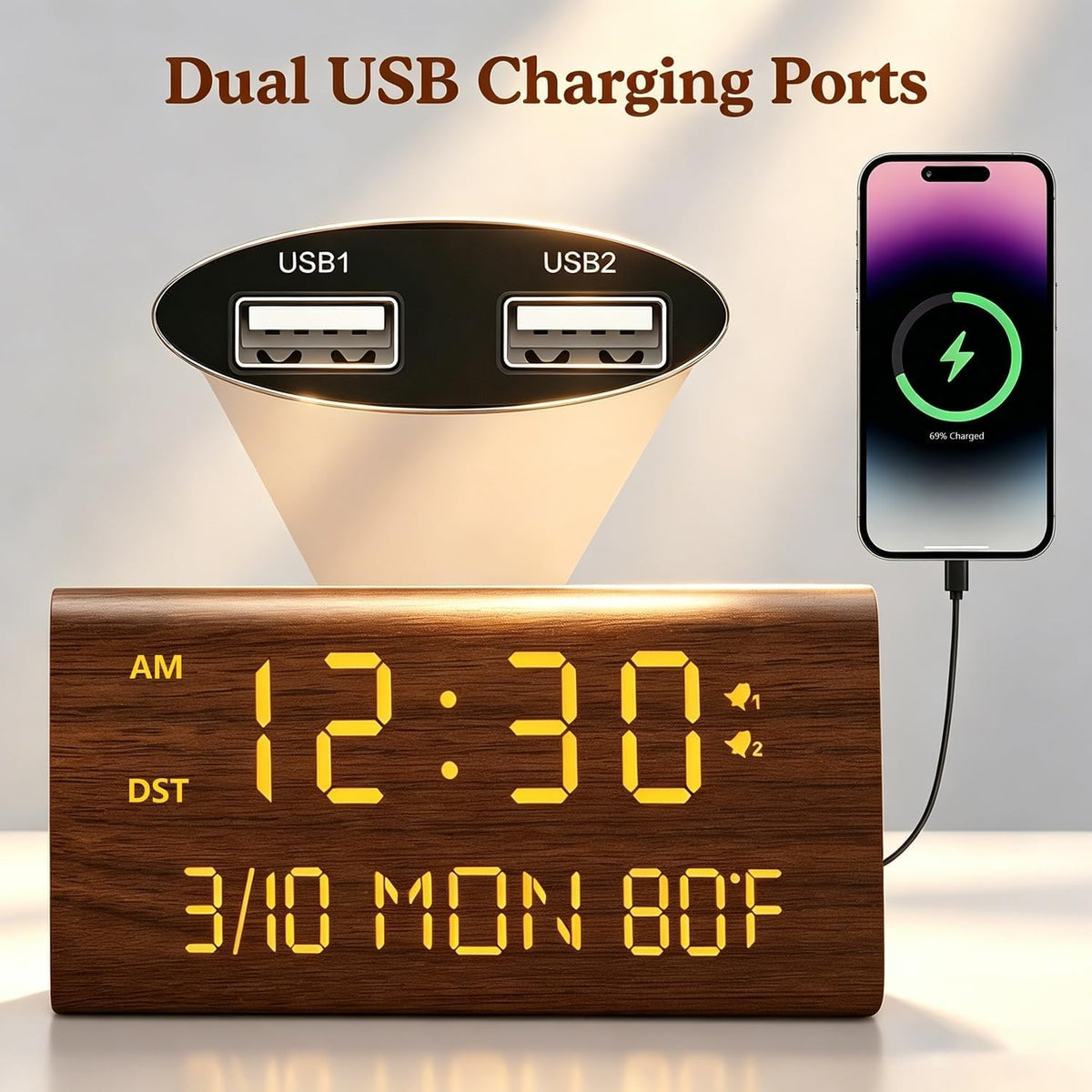 Kogonee Wooden Digital Alarm Clock, 0-100% Dimmer, 2 Alarm Settings, Weekday/Everyday Mode, 9 Mins Snooze, 12/24H, Temperature and Date Display for Office, Travel, Bedroom Alarm Clock (Brown)