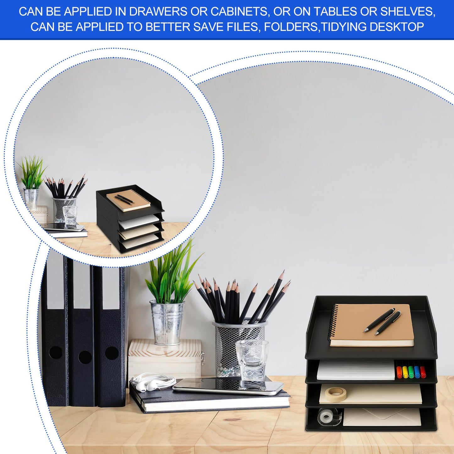6 Pcs Stackable Paper Trays Rectangular Plastic Desk Holder Desktop Document File Organizer Storage Letter for Office Classroom (12.79" x 9.44" x 1.96", Black)