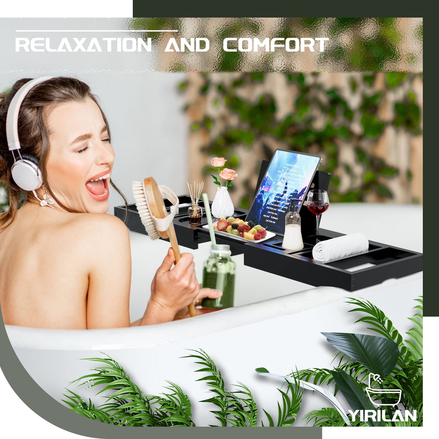 Adjustable Bathtub Caddy Tray, Bamboo Retractable Bathtub Tray, Bathroom Tray for Books, Tablets, Mobile Phones, Suitable as Gifts, Black