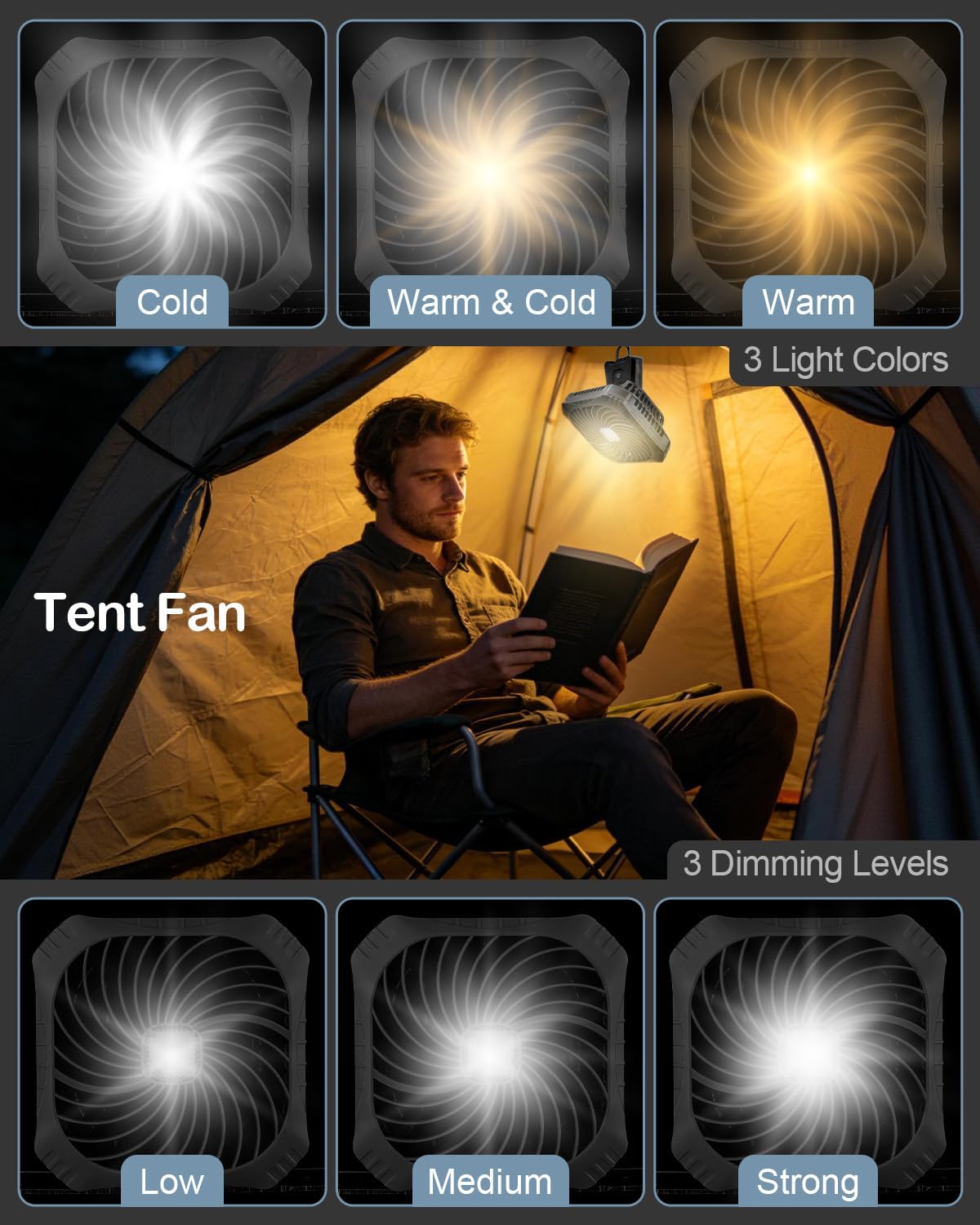 Odoland Portable Tent Fan with LED Lights - Rechargeable Camping Fan with 4 Speed Settings and 3 Light Modes for Hurricane Emergency Outages Camping, RV, Road Trips,Black