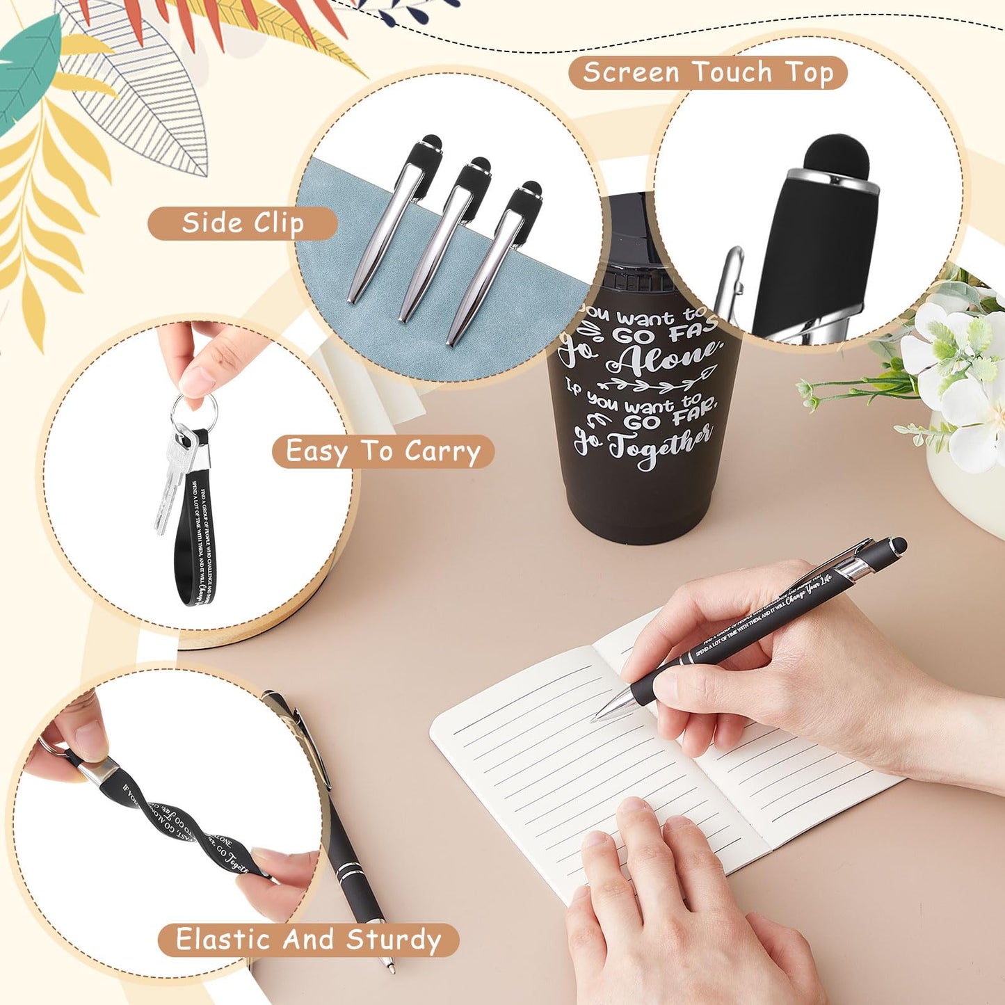Hollowfly 48 Pcs Team Appreciation Gifts for Employee 24 oz Inspirational Plastic Cups Bulk with Lid and Straw Notebooks Ballpoint Pens Keychain Set Thanksgiving Christmas Gifts (Black)