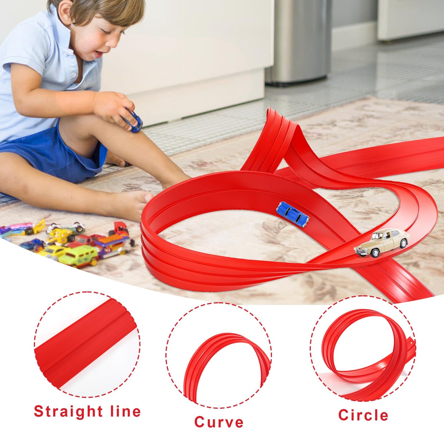 Roll Up Race Track for Kids, Flexible Long Race Speed Track Ramp with 12 Suction Cups Portable Flex Roll Up Racetrack Kit Suitable for Indoor Outdoor Playing