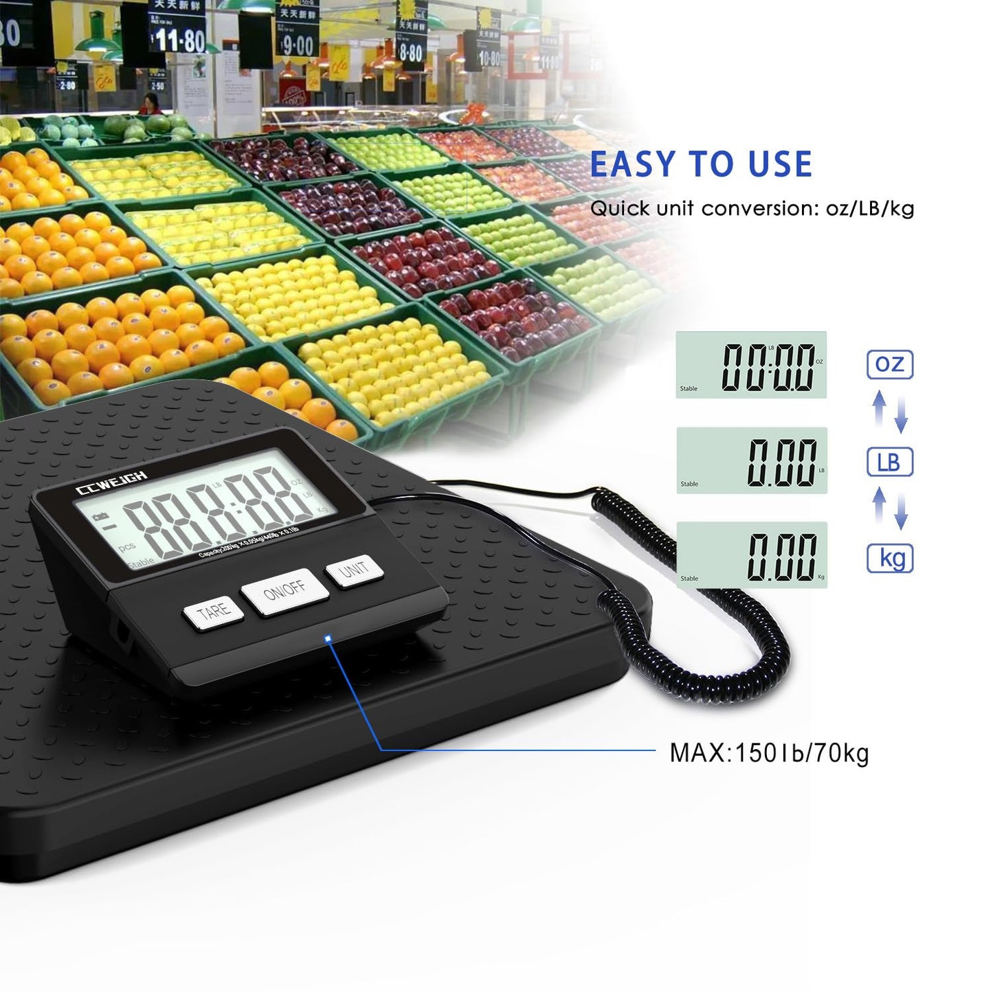 CCweigh Digital Shipping Scale with LCD Display, 440lb x 1.76oz Precision, for Packages Luggage Parcels, Home & Small Business Use, Includes AC Adapter, Postal Scale