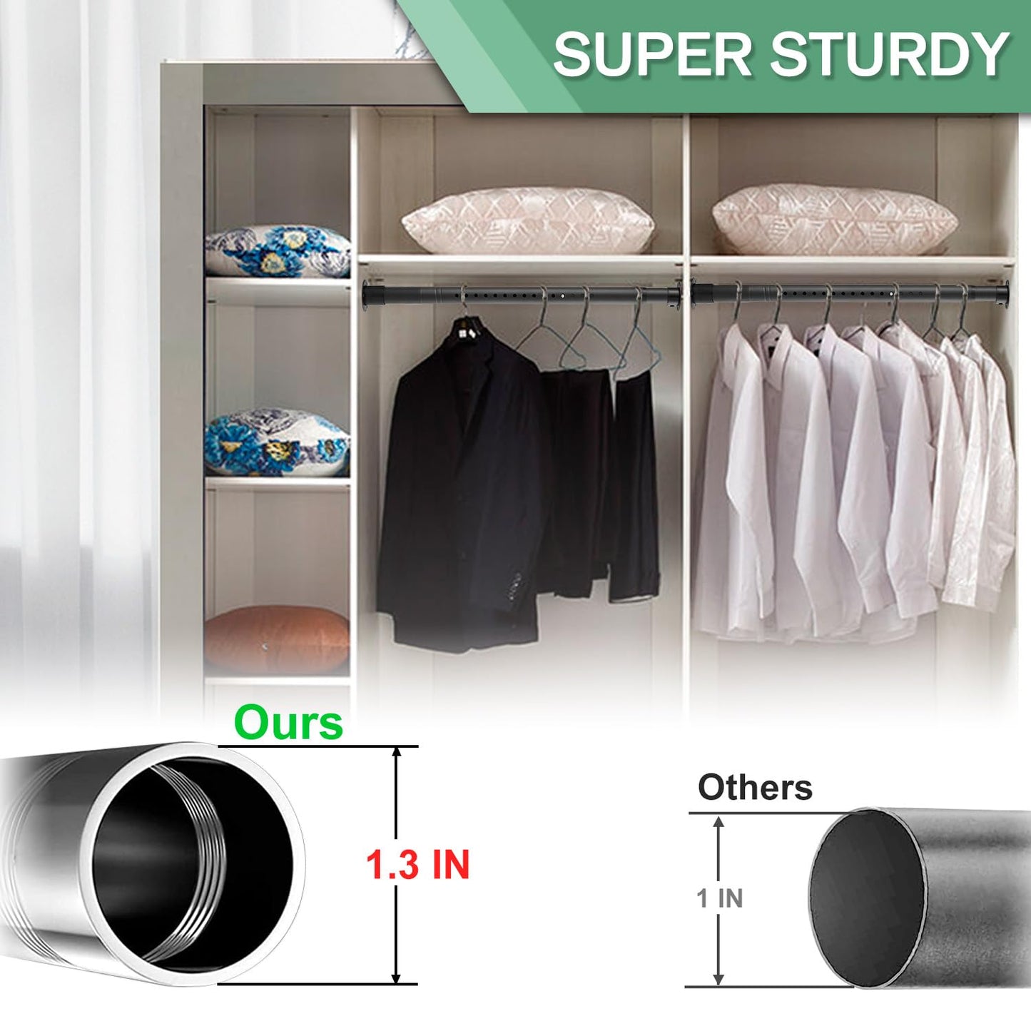 Closet Rod - 17-100 Inches, 1.3 Inch Diameter Heavy Duty Closet Rods Extender Hanging - Metal Matte Black Adjustable Clothes Hanging Bar, for Closet, Bathroom, Windows