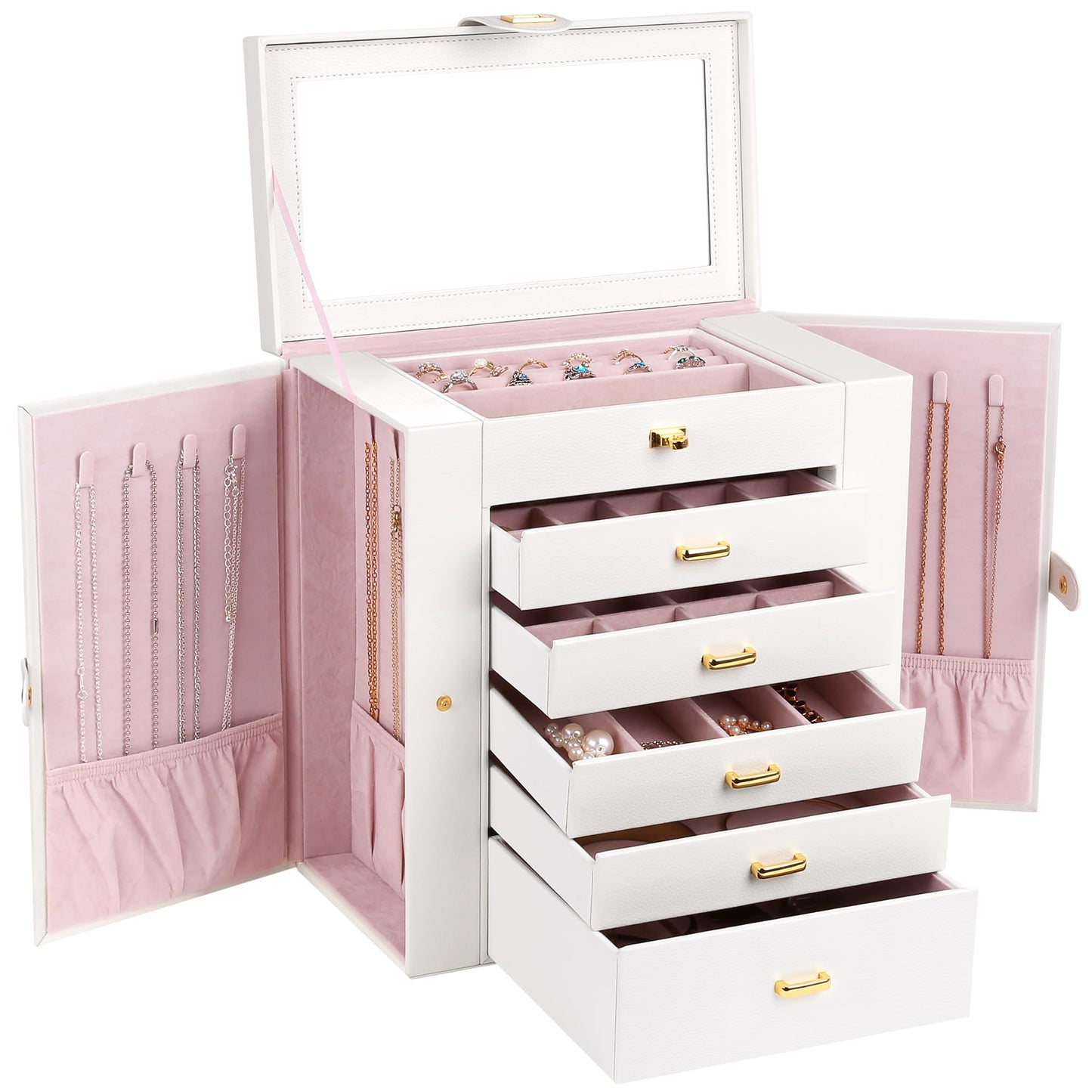 Kendal Extra Large Jewelry Box with Mirror, 32x17x30cm Multi-Layer Jewelry Organizer with Side Compartments & Drawers, PU Leather Storage Case for Rings, Earrings, Bracelets & Watches (Elegant White)