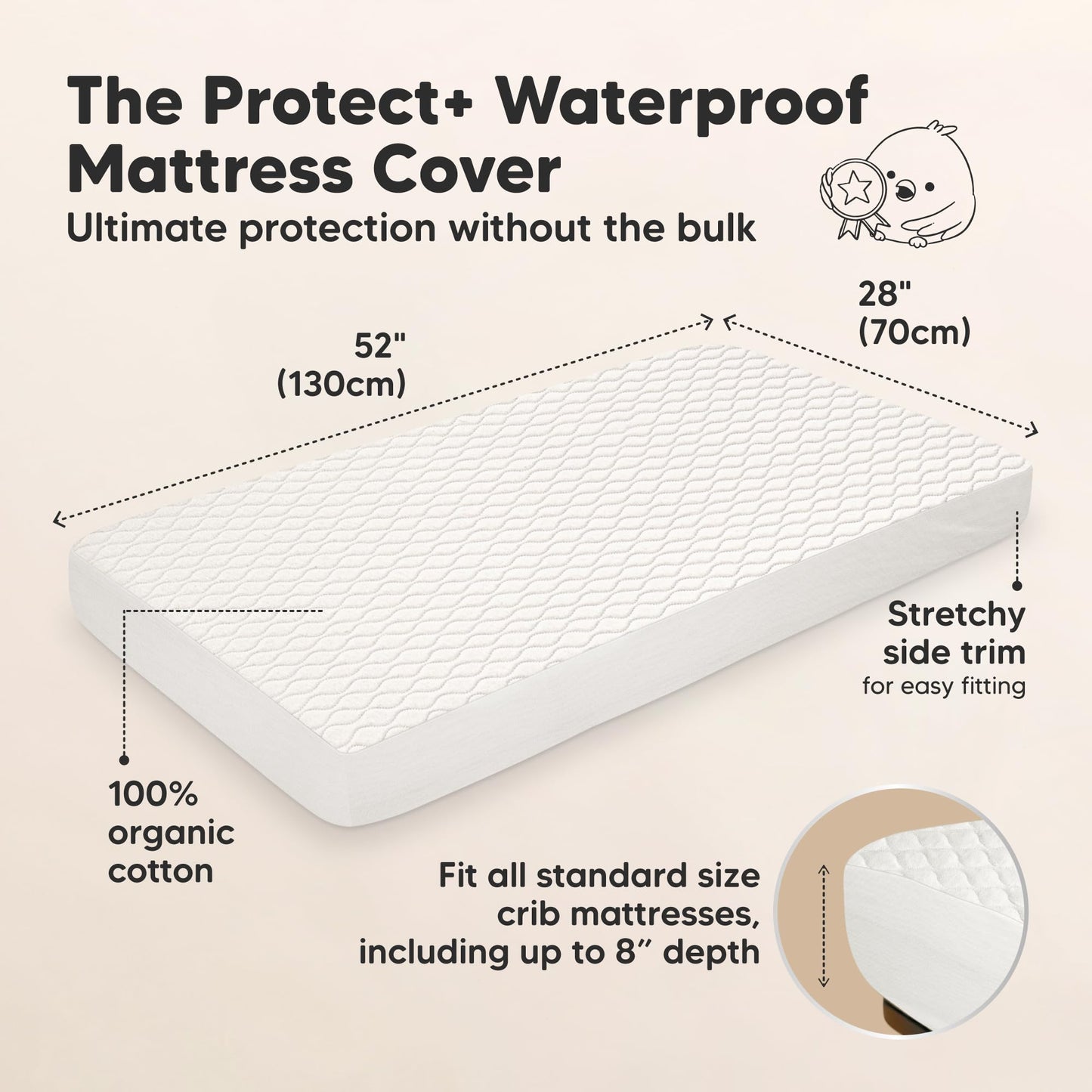 Waterproof Crib Mattress Protector Cover Fitted - 2-Pack Quiet Baby Mattress Topper Crib Sheets, 52" x 28" Soft Quilted Cotton Baby Sheet, Easy Fit, Durable Toddler Liner (Soft White)