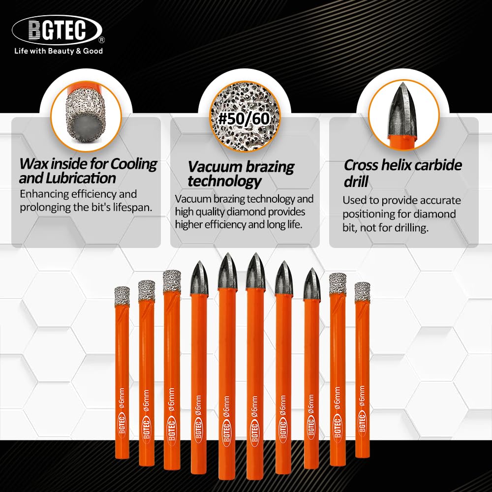 BGTEC Dry Diamond Drill Bits Set - 5pcs 1/4" Tile Drill Bits and 5pcs 1/4" Carbide Drill for Granite Marble Porcelain Ceramic