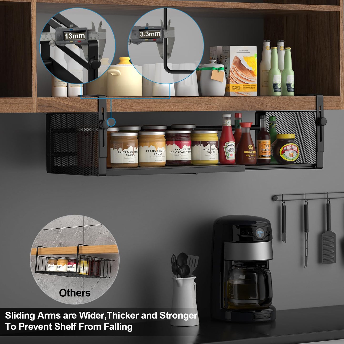 AmonHouseware 2Pack Under Shelf Basket, Adjustable Hanging Under Cabinet Shelf Storage, Hanging Holder Length Stretchable 14.9-22.6Inch for Kitchen Pantry Desk Counter Bookshelf Cupboard (Black)