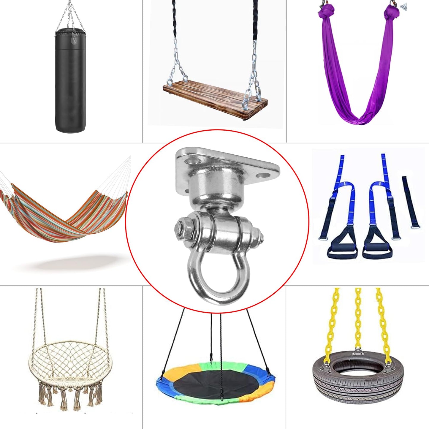 Antirust Swing Hanger Heavy Duty 360°+180°Rotation 1500LB Capacity Wood Playground Yoga Hammock Chair, Rope sandbag Porch Swing