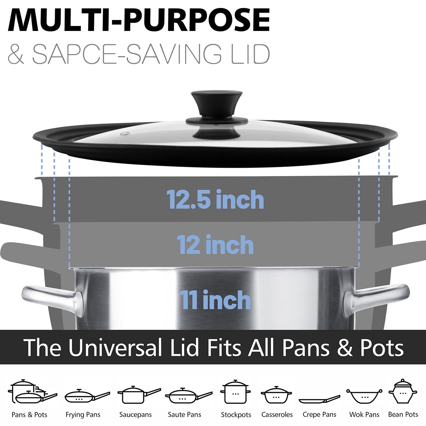 Anaeat Silicone Universal Lid for Pots, Pans and Skillets - Tempered Glass with Heat Resistant Silicone Rim Fits 11", 12" and 12.5" Diameter Cookware -Easy to Use Replacement Frying Pan Cover