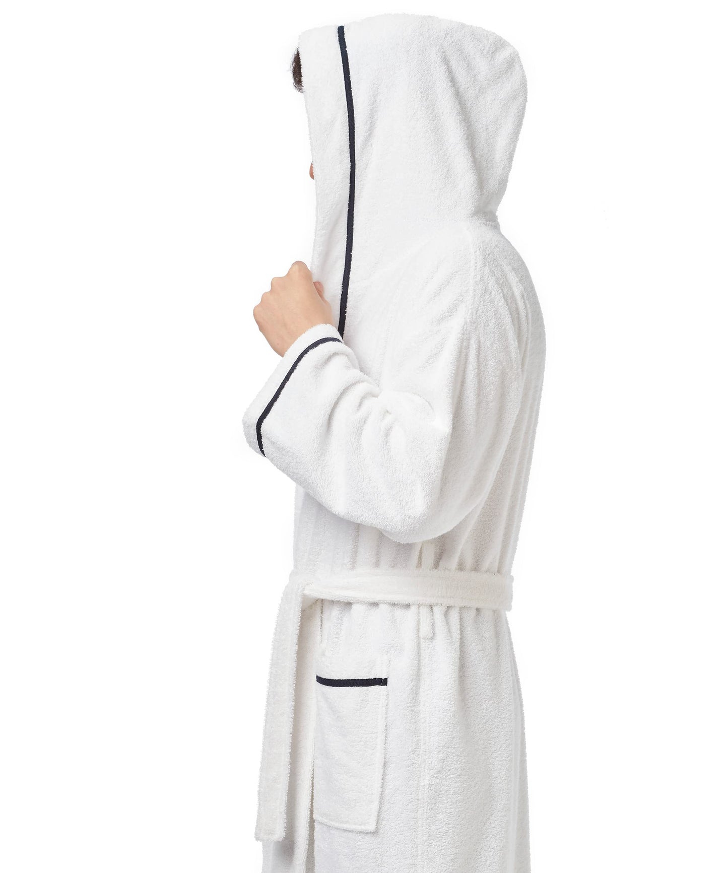 Arus Men's Hooded Classic Bathrobe Turkish Cotton Robe with Full Length Options, White With Navy Blue Border, Large-X-Large Extra Tall