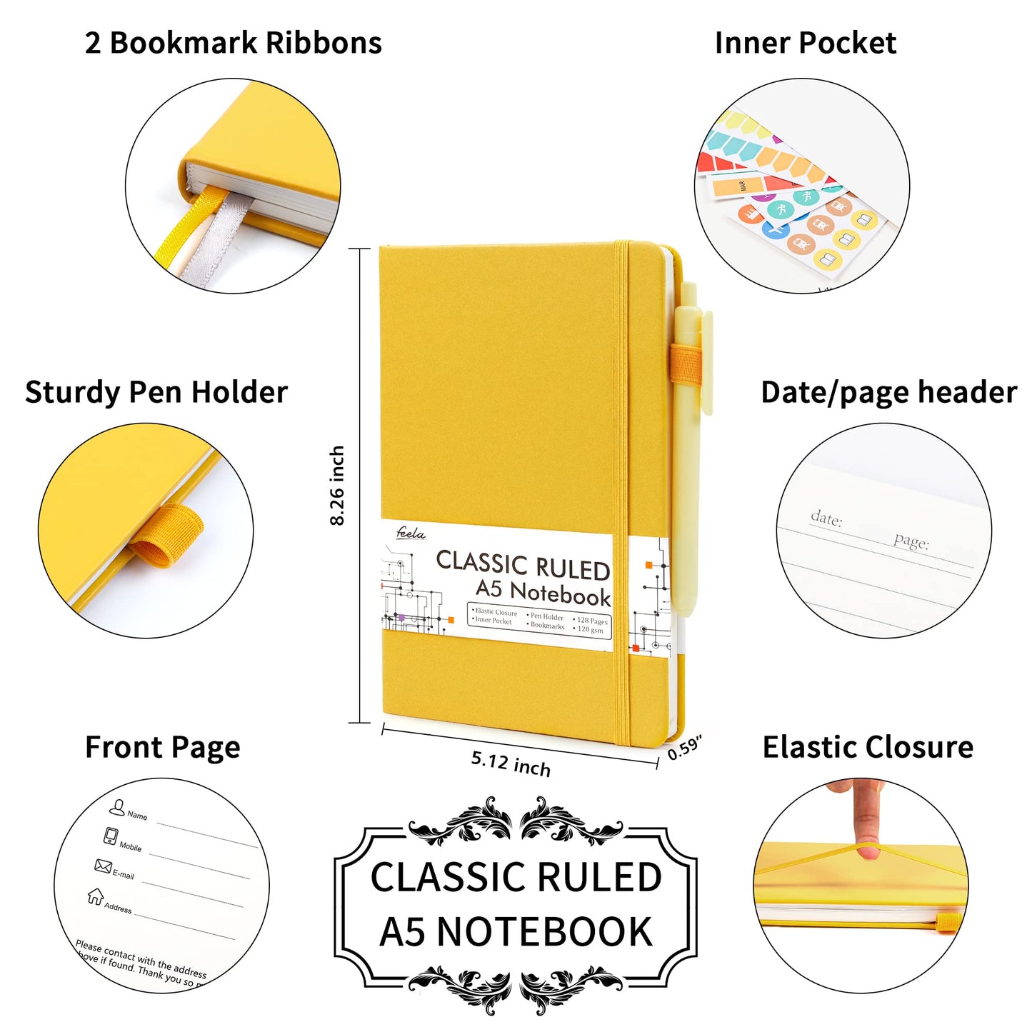 5 Pack Notebooks Journals Bulk with 5 Black Pens, Feela A5 Hardcover Notebook Classic Ruled Lined Journal Set with Pen Holder for School Business Journaling Note Taking, 120 GSM, 5.1”x8.3”, Yellow