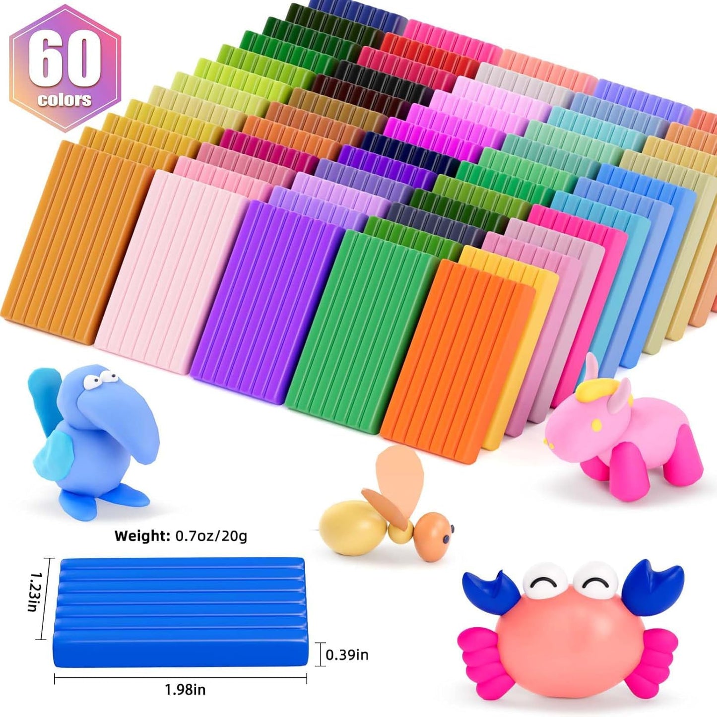 CiaraQ Polymer Clay-Oven Baked Modeling Clay with Sculpting Tools, 60 Colors, 3.24 lbs