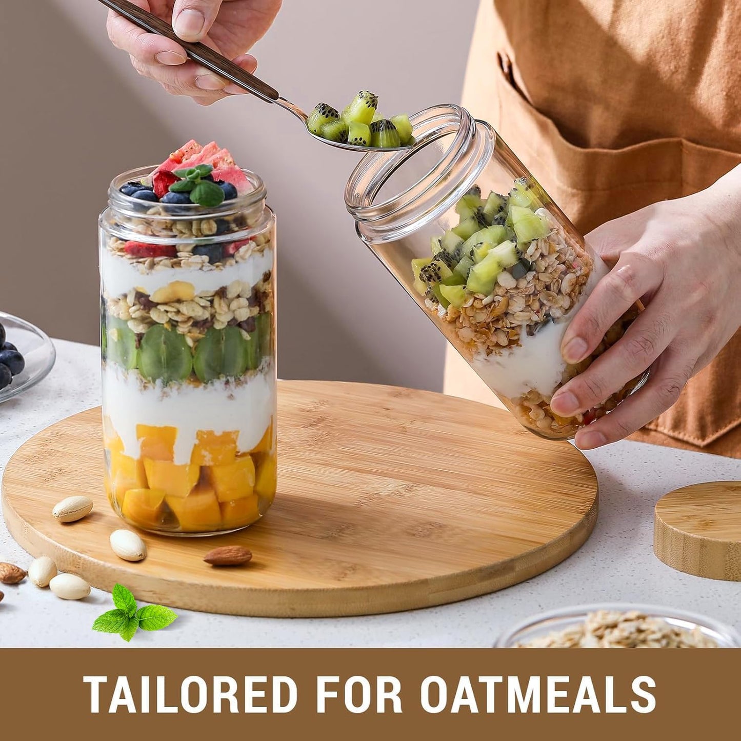 Oillase 4-pack 24oz Glass jars with Airtight Lids, Overnight Oats Containers with Bamboo Lids, Wide mouth Mason Salad jars, Glass Food Storage Containers for Snacks Yogurt Spice Sugar