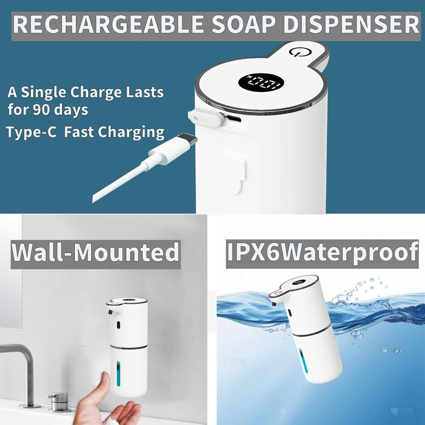 2Pack Automatic Soap Dispenser Touchless, Foaming Soap Dispenser 6 Adjustable Level Hands Free USB Rechargeable Dispenser Electric Wall Mounted Dish Dispenser Kitchen Bathroom