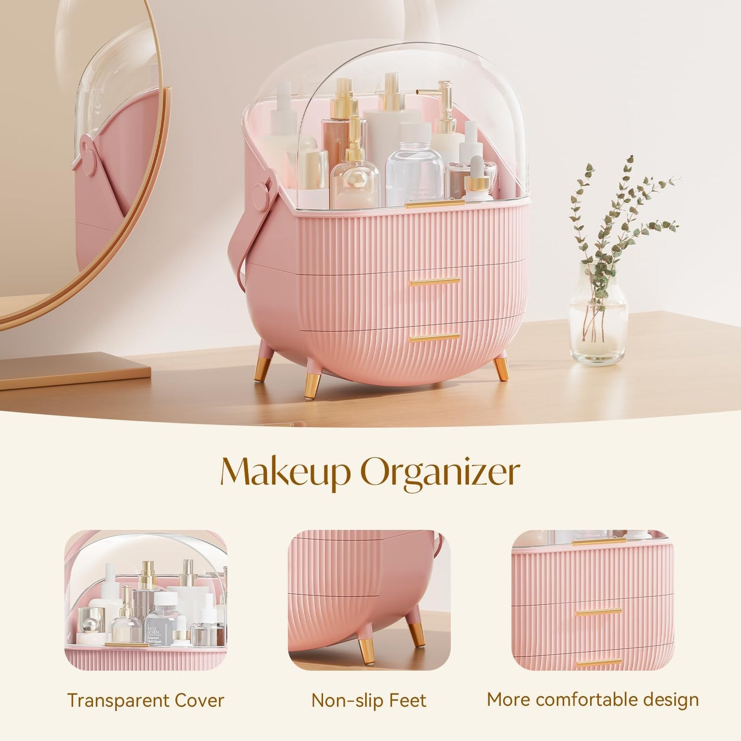 Rusunde Makeup Organizers, Skincare Organizer for Vanity,Portable Cosmetic Display case, Makeup Caddy for Dorm,Bathroom,Dresser Cosmetic Storage Box (Pink)
