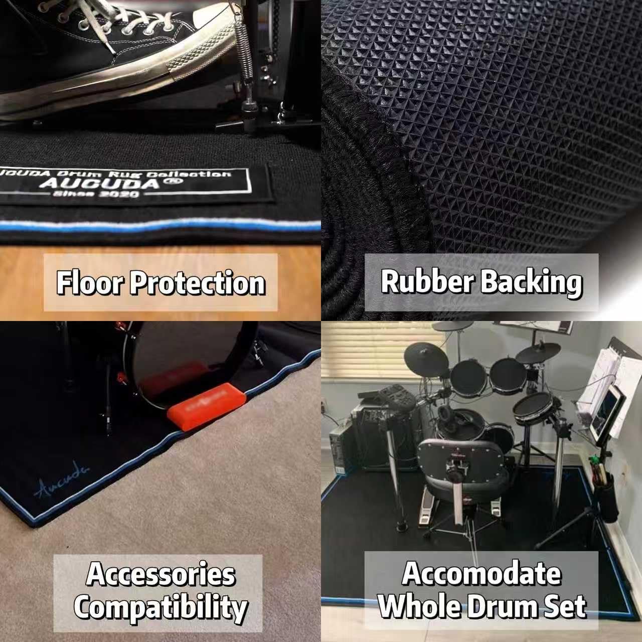 Aucuda Drum Rug, 4x4 ft Drum Mat, Electrical Drum Carpet, Tightly Woven Fabric Music Rug with Non-Slip Grip Bottom, Soundproof Rug Pads for Drum Set