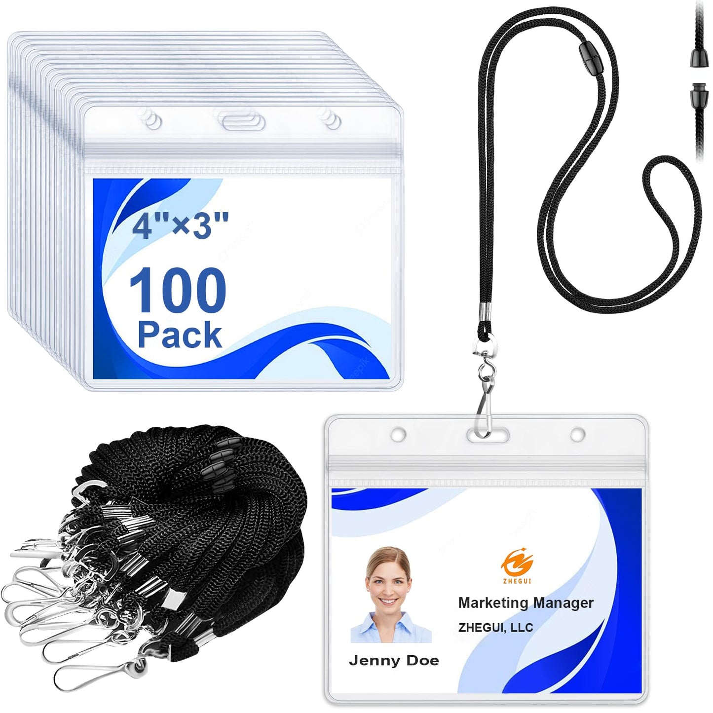 Breakaway Lanyards for ID Badges 100 Pack Black with ID Holder, Clear Horizontal 4x3 ID Badge Holder with Lanyard, Waterproof Name Badge Holders, Bulk Neck Lanyards for Office School Conference Events