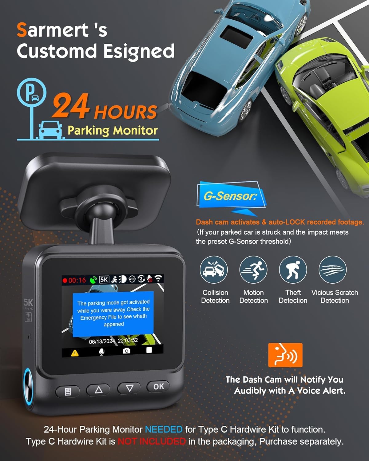 5K Dash Cam, Sarmert Car Camera Dashcam Built-in GPS 5G WiFi, 5K 4K UHD with APP, 2" IPS Screen Dash Camera with Super Night Vision, Loop Recording, WDR, 150° Wide, G-Sensor, Supports 512GB Max