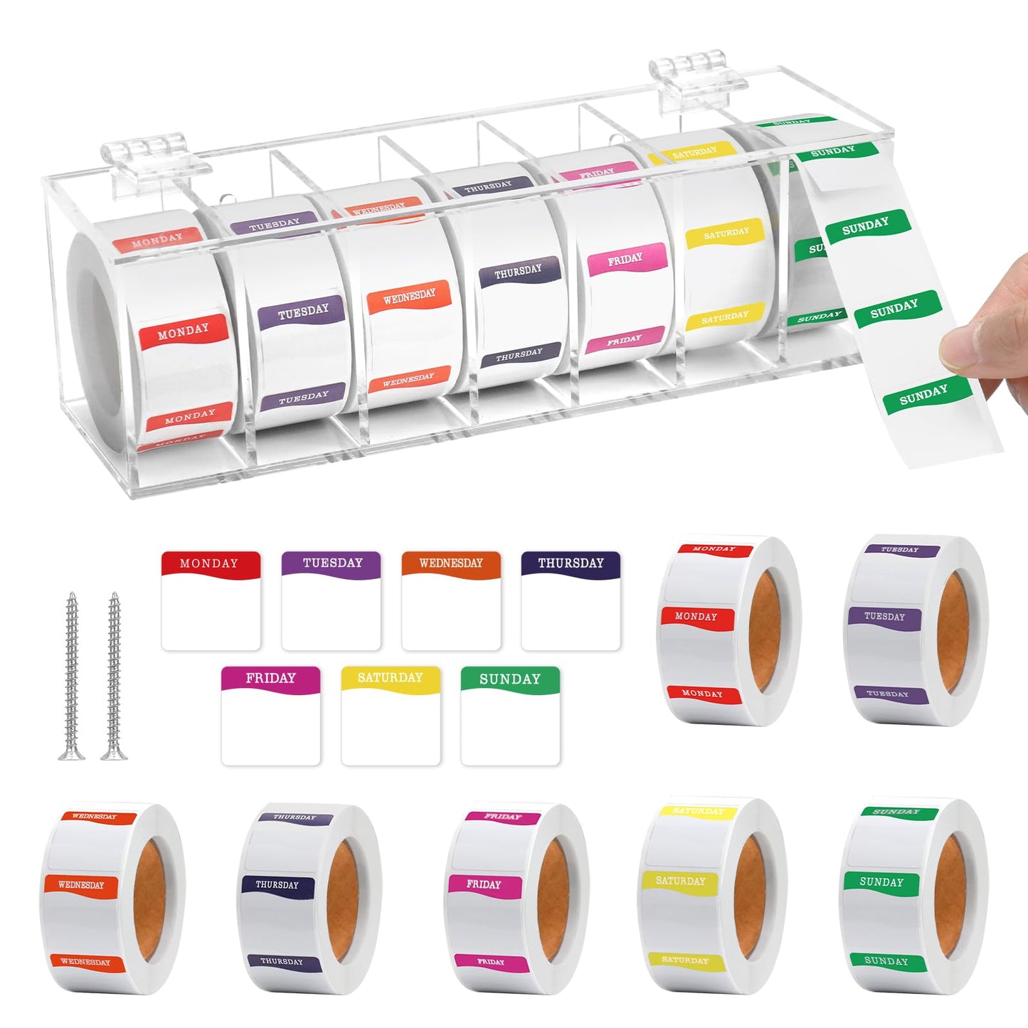 3500 Day of The Week Stickers with Wall Mounted Stickers Organizer Box Square Day Dots Food Labels Removable Food Rotation Labels 7 Slot Label Sticker Roll Holder for Kitchen Office
