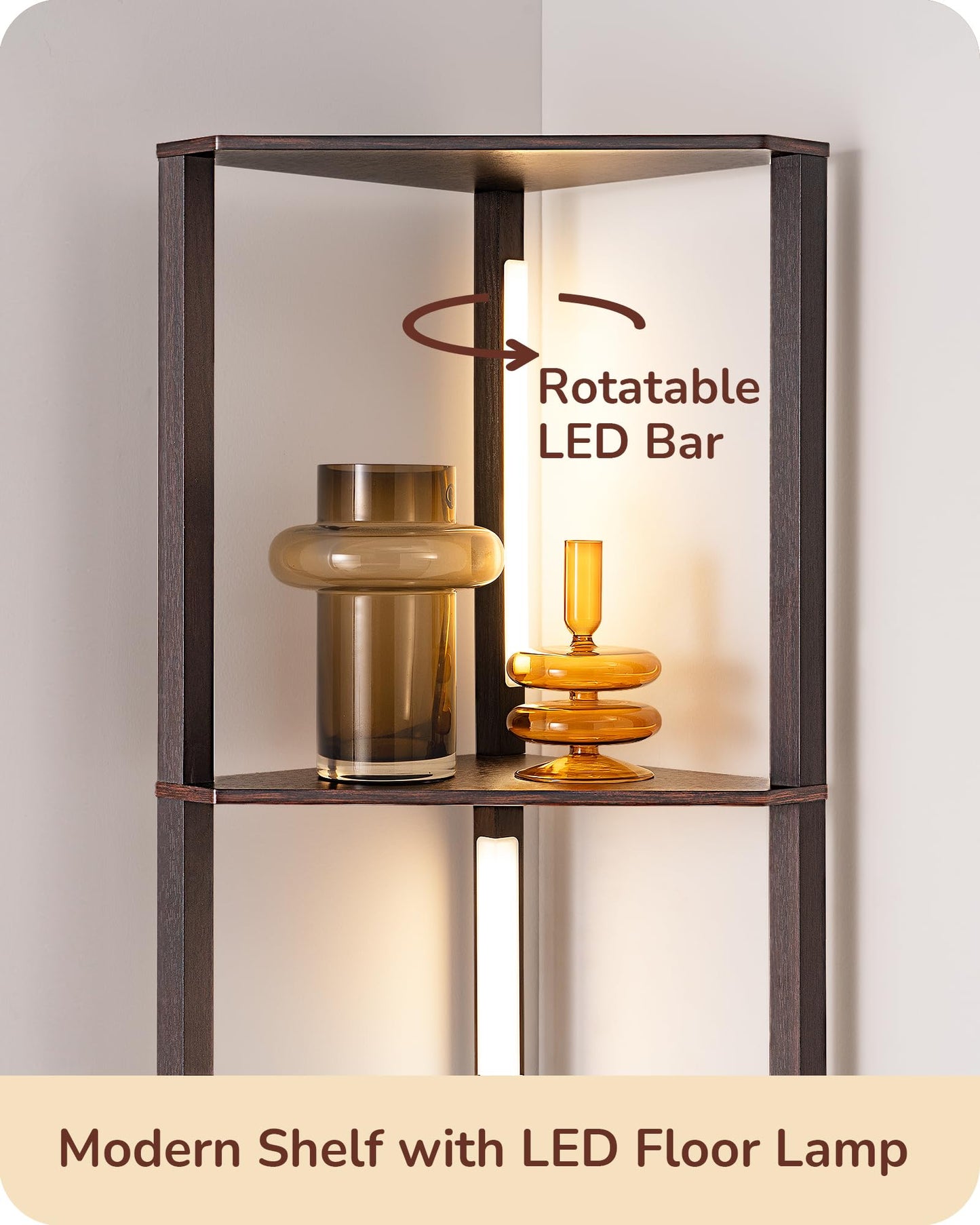 EDISHINE 64" Corner Shelf Floor Lamp for Living Room, Modern LED Corner Light with Shelves, 3CCT, Stepless Dimmable Tall Floor Light for Bedroom, Office, Dining Room, 3000K 4000K 5000K, Black Walnut