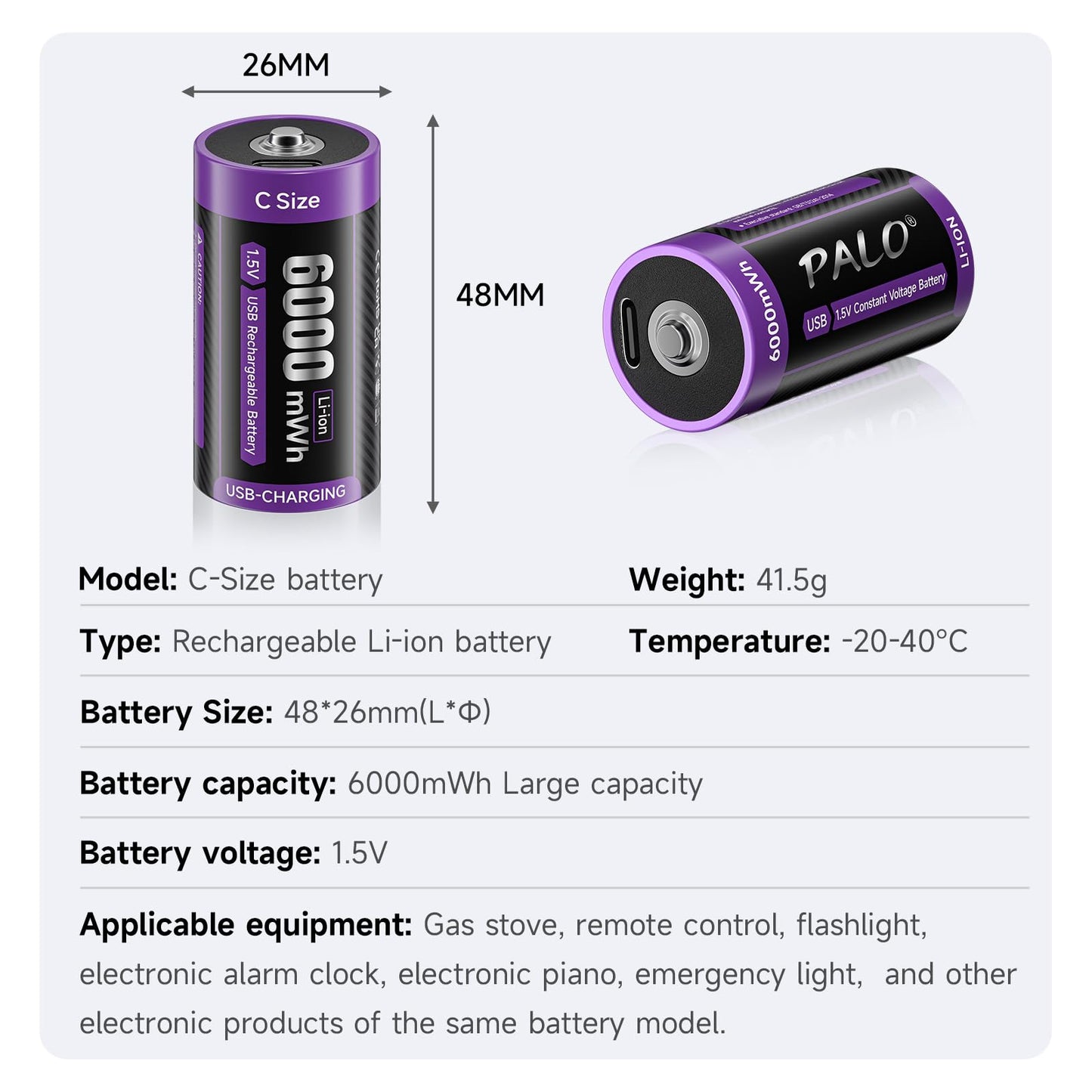 Rechargeable C Batteries 4 Pack, 1.5V C/lr14 Cell Batteries with USB-C Charging Cable, 6000mWh Size C Battery for for Flashlights, Toys, Clocks