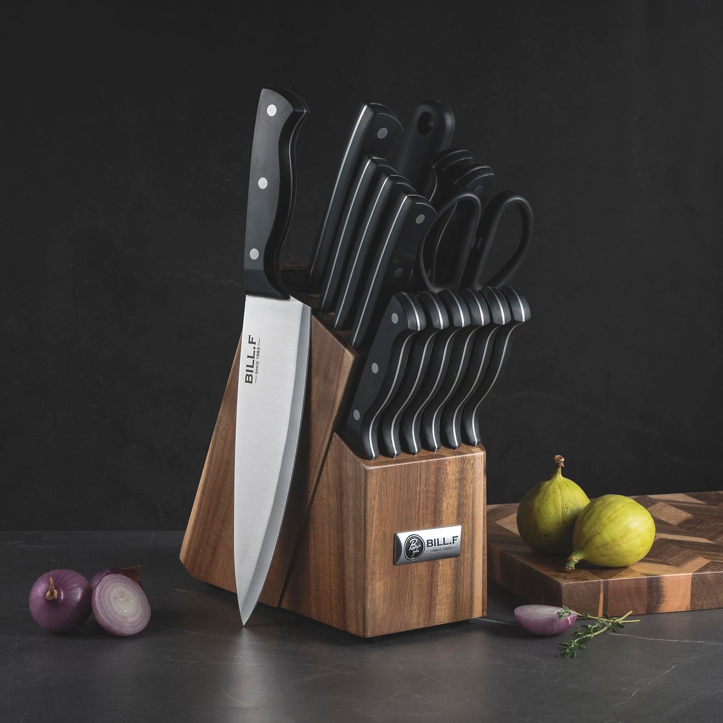 Knife Block with Kitchen Knives Set and Wood Cutting Board with Groove, Stainless Steel Knife for Kitchen Chef Knife Set and Steak Knives Set of 6 with Wood Block (16 Pieces)