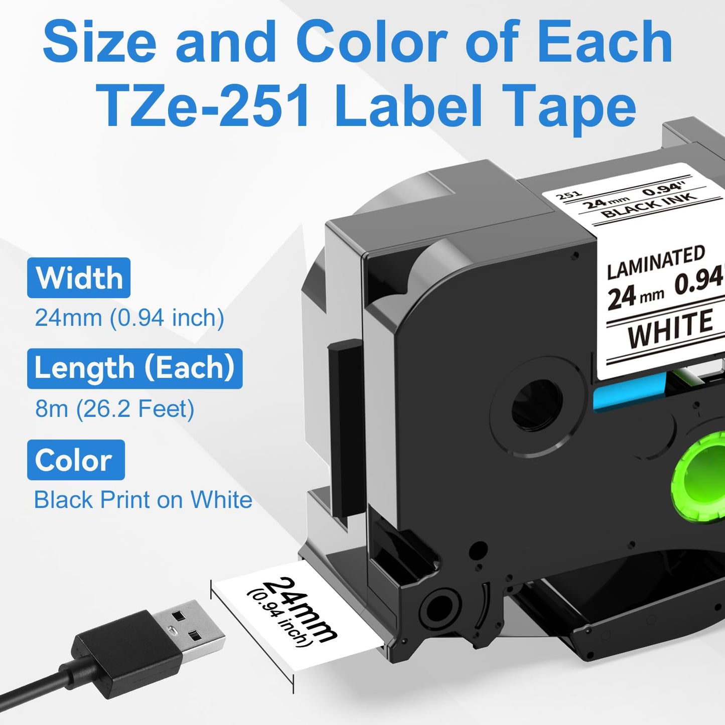 Labelife TZe-251 Label Tape 24mm Replace for Brother P Touch TZe TZ Tape 24mm 0.94'' Laminated White Label TZe251 for Brother Ptouch PT D600 D610BT PTP710BT P750W Label Maker, 5-Pack