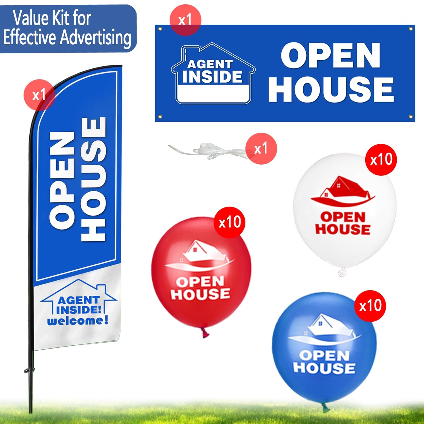 Cevicant Open House Flags Kit: Light Blue, Aluminum & Polyester, Open House Signage Kit, Sign, Attention-Grabbing, Festive, Real Estate, 8ft x 96in Banner, 30 Balloons