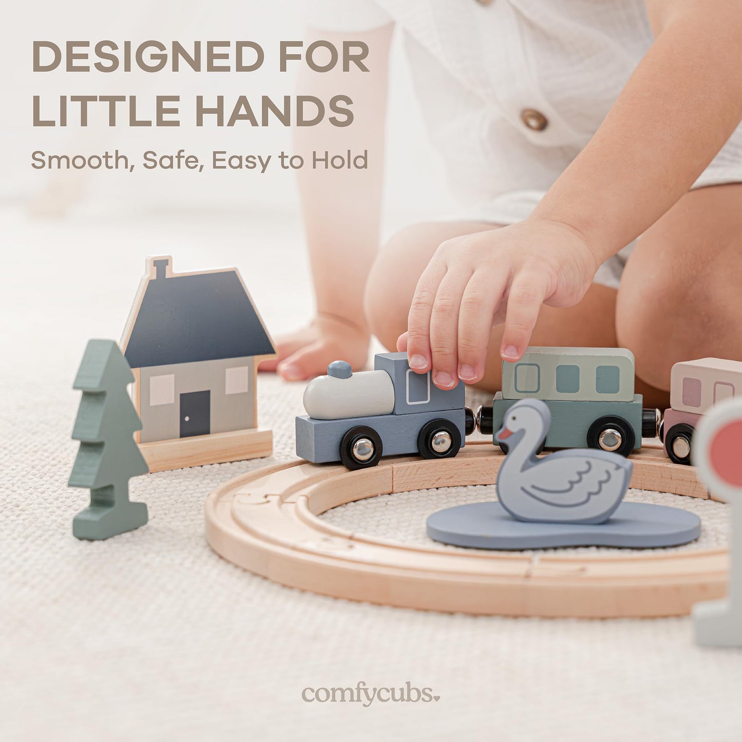 Comfy Cubs 30-Piece Wooden Train Set for Toddlers Ages 1+, Fun & Eco Friendly Toddler Train Set with Complete Toy Town - Creative Wooden Toys Promoting Imaginative Play with Flexible Configuration