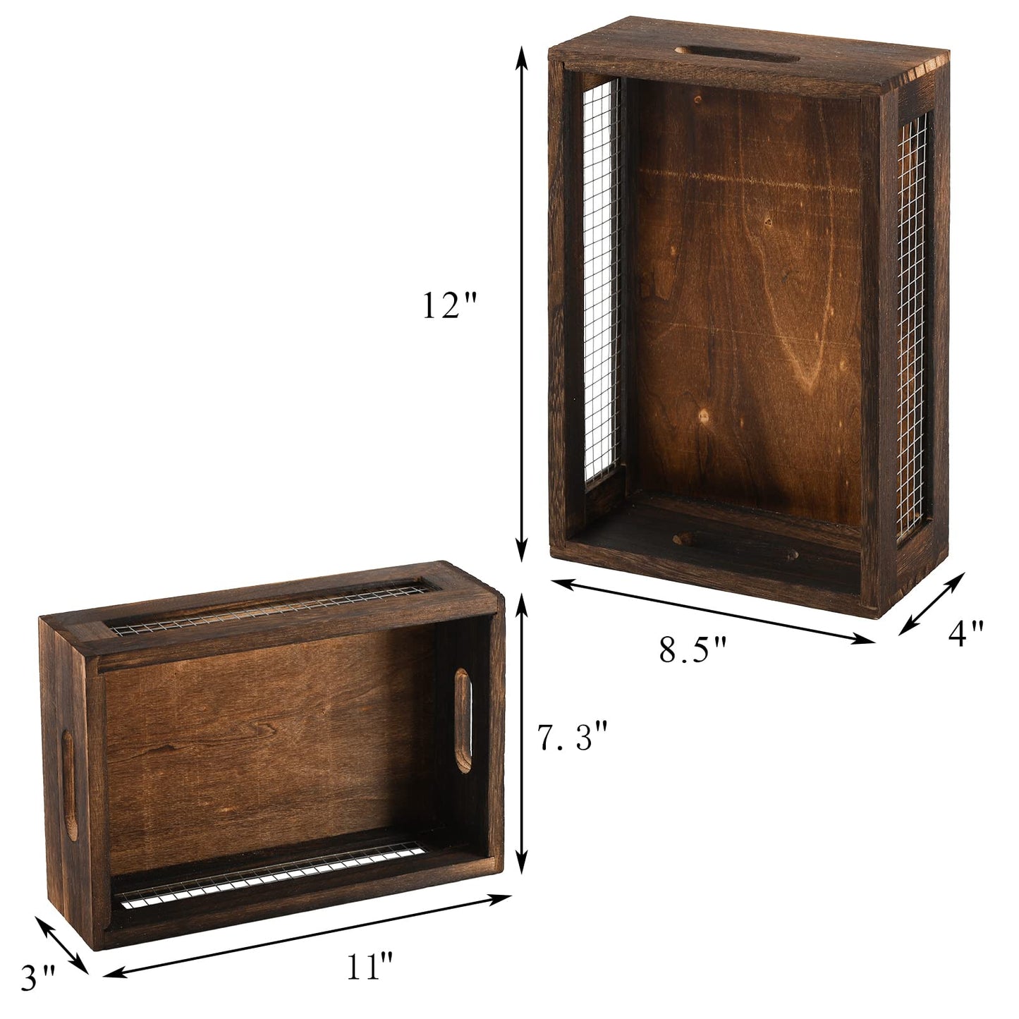 Dicunoy Set of 2 Rustic Nesting Boxes, Wooden Organizer Crates Basket, Small Decorative Wood Wire Containers with Handle, Kitchen Counter Organizers for Fruit, Veggies, Onion, Bathroom, Pantry Storage