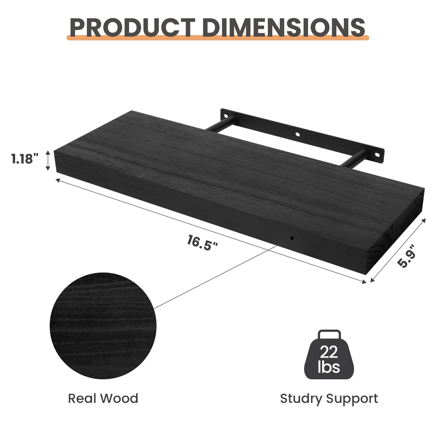 upsimples 16.5" L Black Wooden Floating Shelves with Invisible Brackets, Wall Mounted Modern Wood Shelves Set of 3, for Bathroom Bedroom