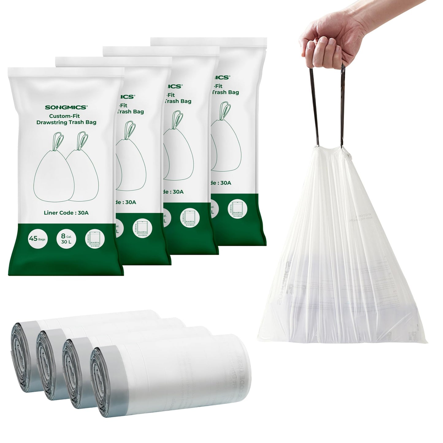 SONGMICS Trash Bags for 8-Gallon (30 L) Trash Cans, Drawstring Kitchen Garbage Bags, Pre-Separated, Liner Code 30A, 4 Rolls, 180 Count, White UKRB030A04
