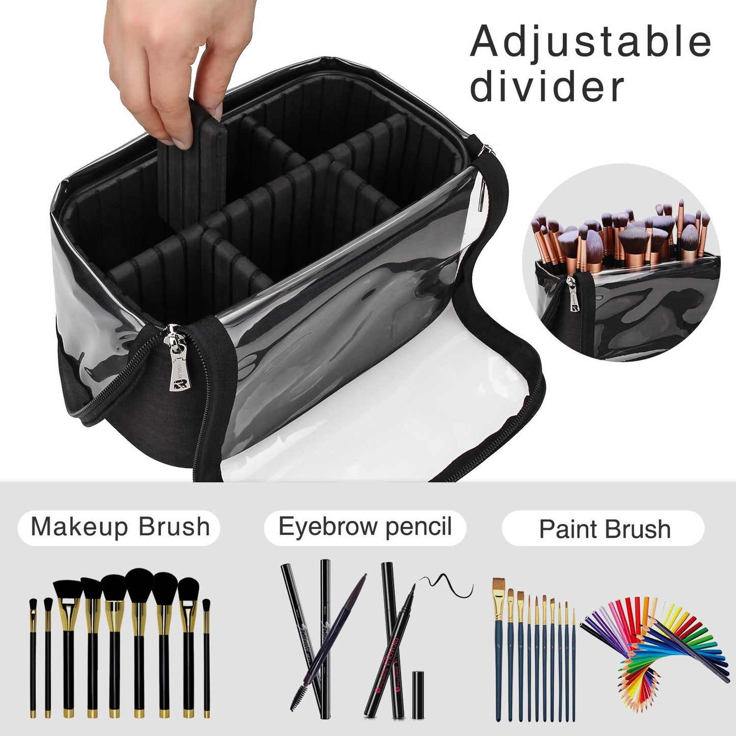 Relavel Travel Cosmetic Bag, Stand-up Makeup Brush Bag with Adjustable Divider, Professional Makeup Artist Storage Case, Large Capacity Train Case Organizer for Women and Girls, Black