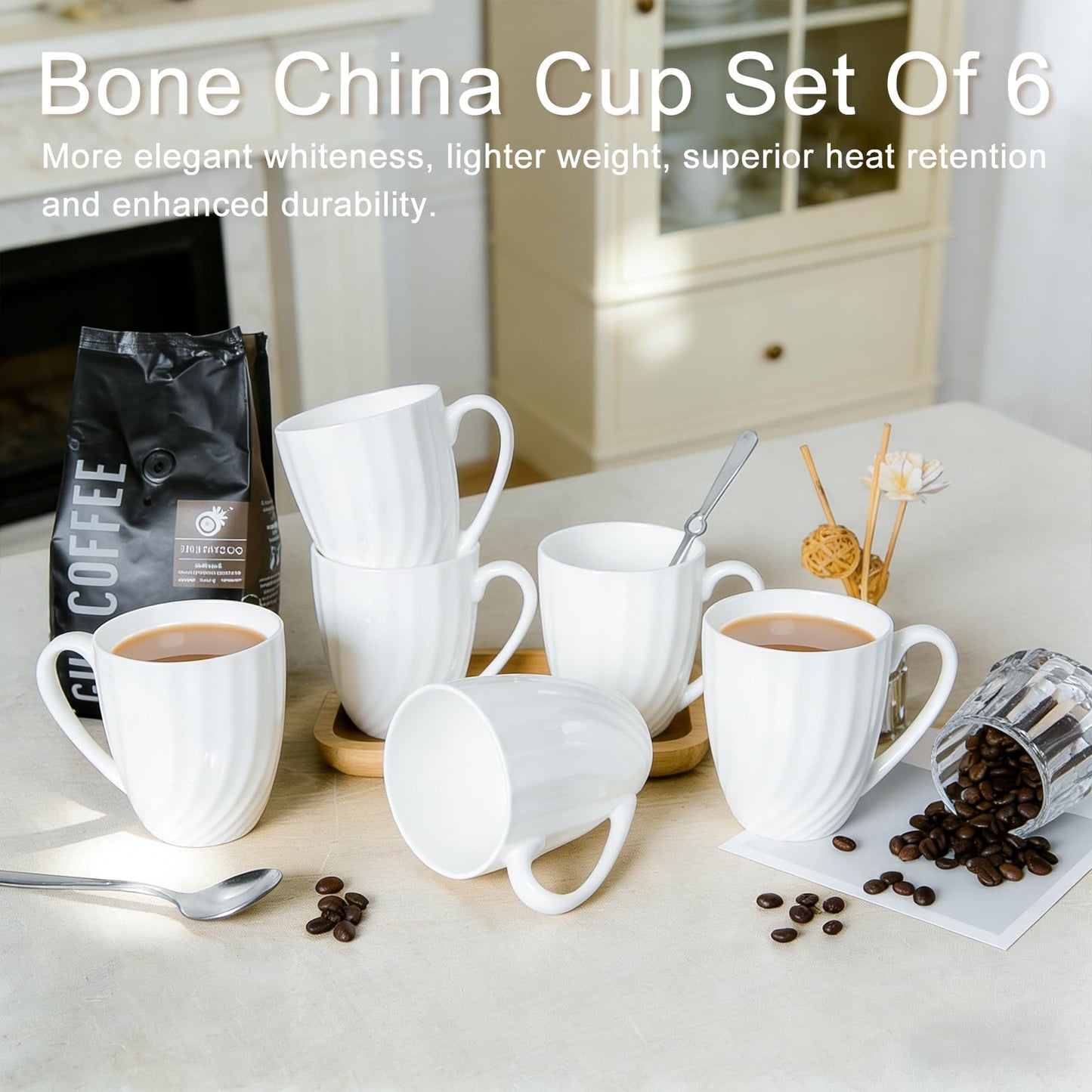COSTMANCE Fine Bone China White Coffee Mugs Set of 6 (12 oz), Ceramic Spiral Pattern Tea Cups, Thin China Coffee Cups, Lightweight Coffee Mugs for Hot Chocolate, Latte, Cappuccino