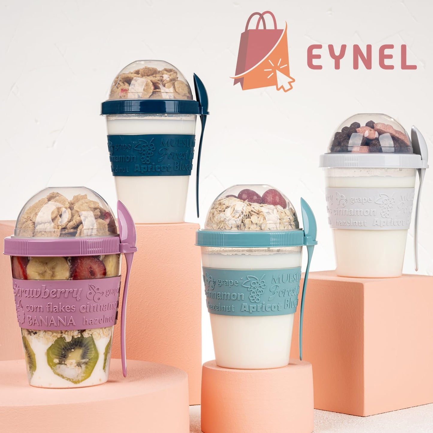 EYNEL On The Go Cereal Yogurt Cups with Lids and Spoon, Overnight Oats Container, Reusable Parfait Plastic Milk Jar Breakfast Crunch Granola Oatmeal Smoothie Snack Prep Bowl To Take Along (4 Pack)