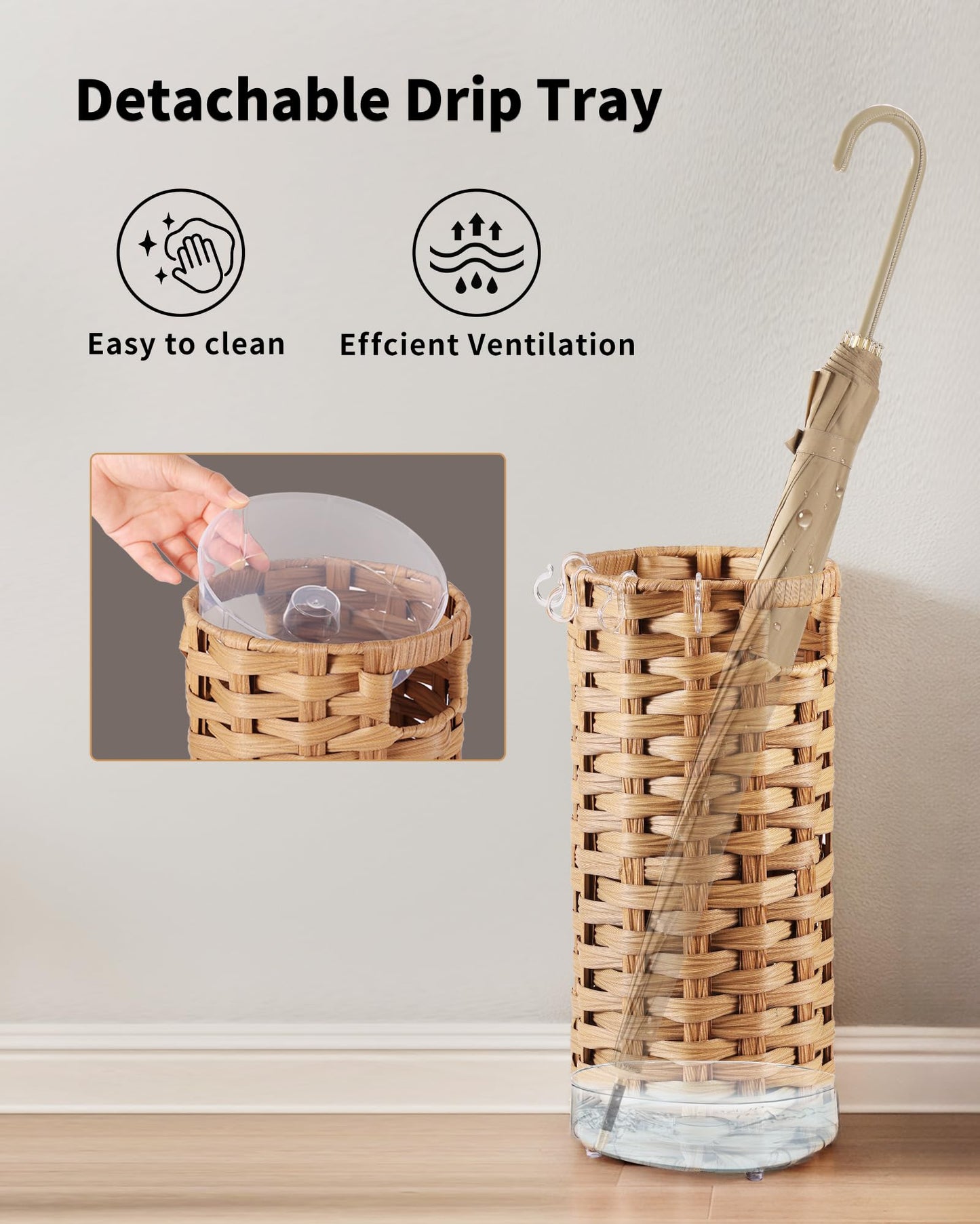 WAOHANAZ Rattan Umbrella Stand, Umbrella Holder for Entryway, Hand Woven Umbrella Rack Organizer Freestanding, with a Detachable Drip Tray, 4 Hooks, 7.5" L x 7.5" W x 16.5" H