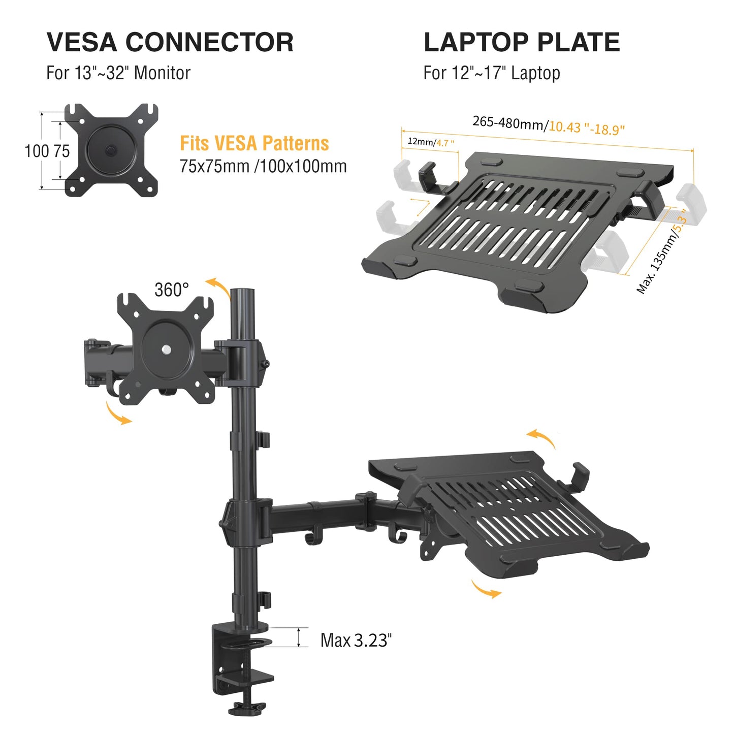 SHOPPINGALL Fully Adjustable Dual Monitor & Laptop Mount Stand for Laptop up to 17" Monitors up to 32" - SA-LH09