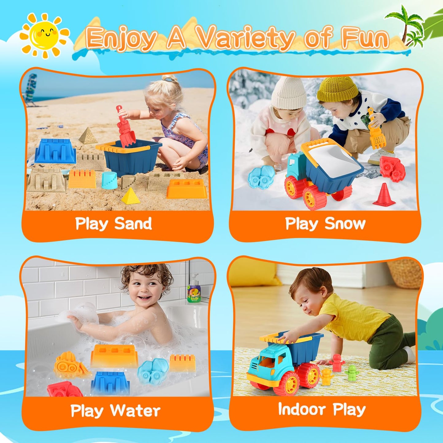 Elovien Beach Sand Toys, Large Dump Truck with Bucket, Sandbox Toy Construction Building Kit with Mesh Bag, Sand Molds, Shovels, Rakes, Summer Outdoor Travel Toys for Kids Toddlers Boys Girls