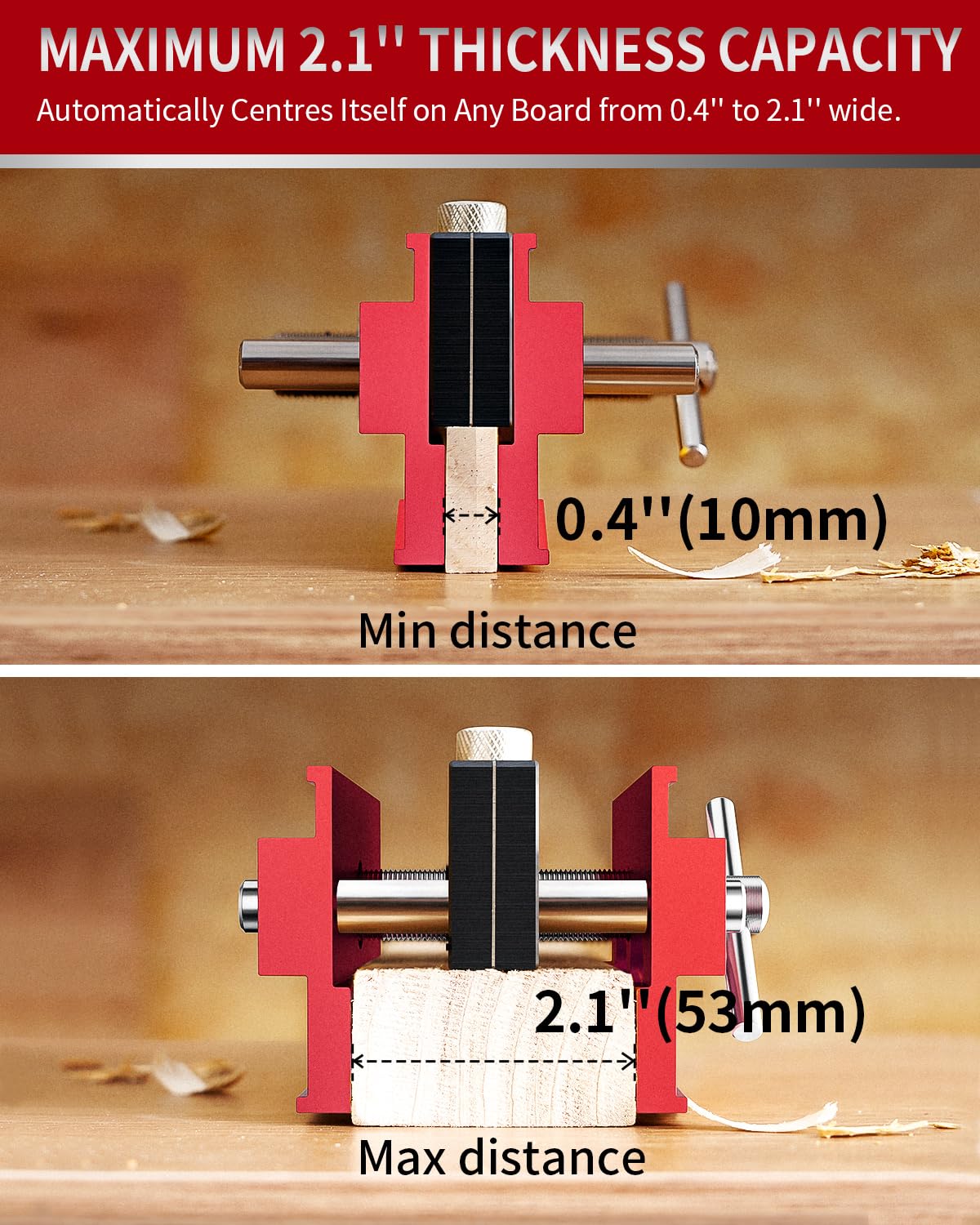 DAYDOOR 2.1" Self Centering Dowel Jig, Universal Capacity Doweling Jig & Drill Guide for Woodworking, Complete Kit with 6 Steel Bushings for Straight Holes(Red)