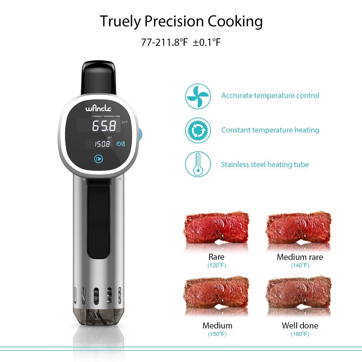 Sous Vide Cooker, Wancle Thermal Immersion Circulator, Accurate Temperature Digital Timer, Ultra-quiet, 850 Watts, 120V, Stainless Steel/Black