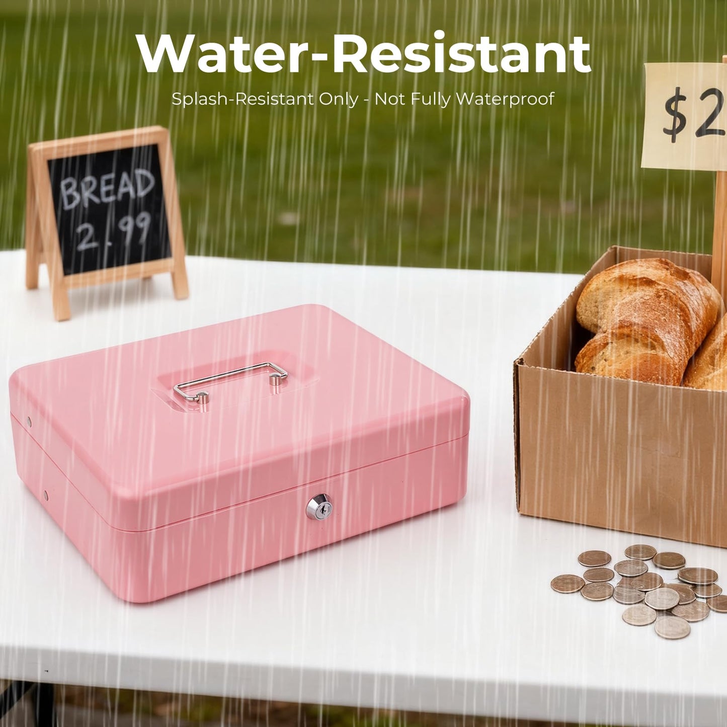 Cash Box with Lock and Money Tray, Metal Money Box with Key and Coin Crate, Cash Register Lock Box for Money Pink 11.8 x 9.4 x 3.54 Inches XL Large