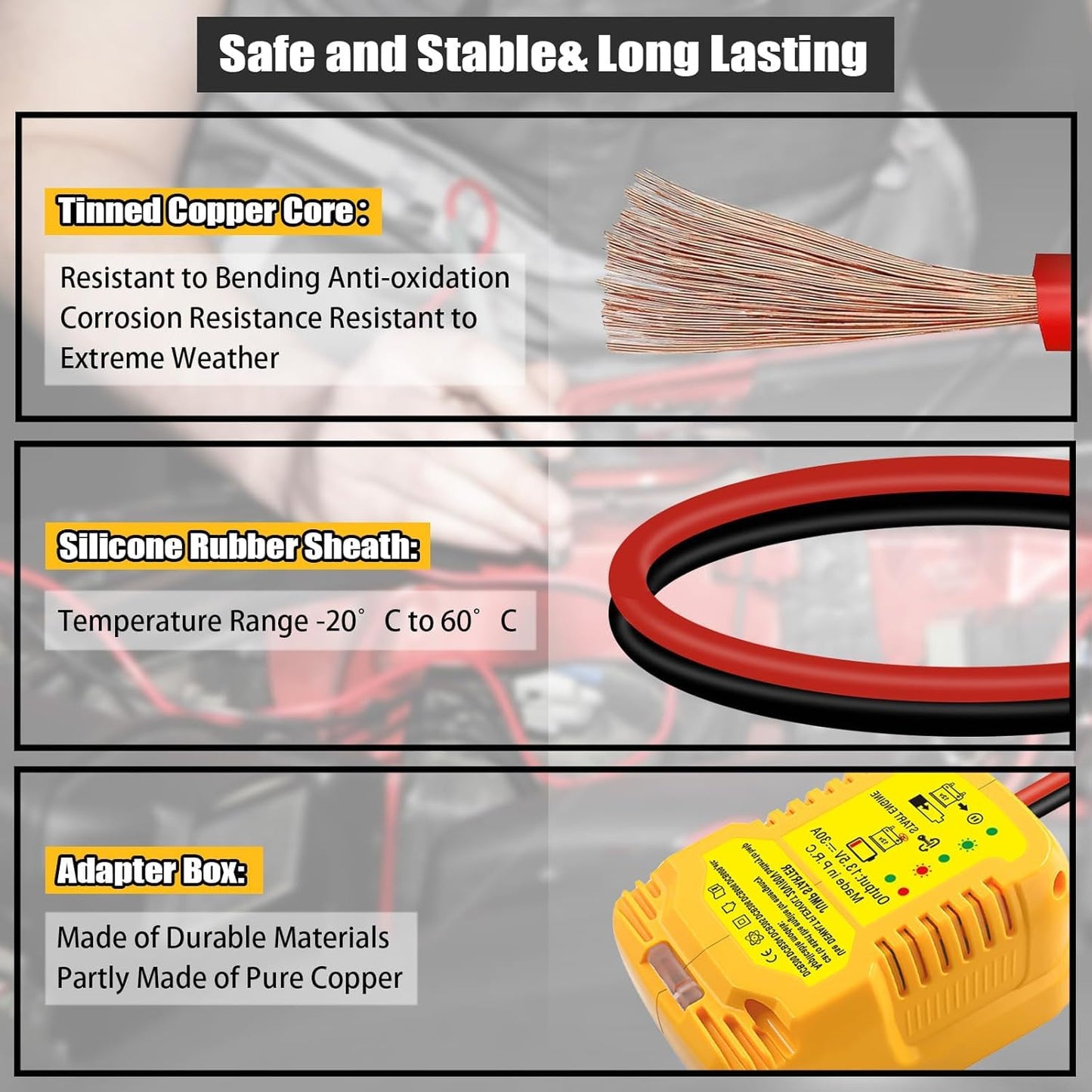 Jumper Starter Adapter for DeWalt 20V 60V Battery Car Battery Jump Cables,Up to 3.5L Gas or 6.5L Diesel Engines,12V Portable Car Jump Starter,Automotive Booster Cable Adapter