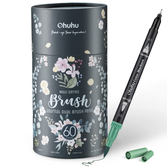 Ohuhu Markers for Adult Coloring Books No bleeding 60 Colors Coloring Markers Water-based Dual Tips Fineliner & Brush Drawing Pens Art Markers for Kids Adults Sketch Journal - Maui - Black